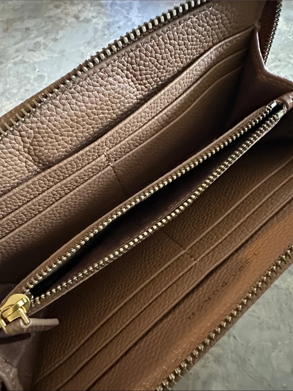 Tory Burch Brown Leather Zip Wallet with Gold Logo